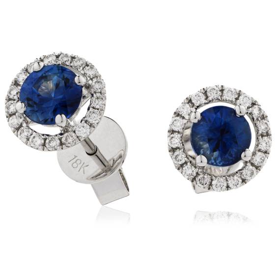 HERGBS268 Round cut Blue Sapphire Claw Halo Earrings