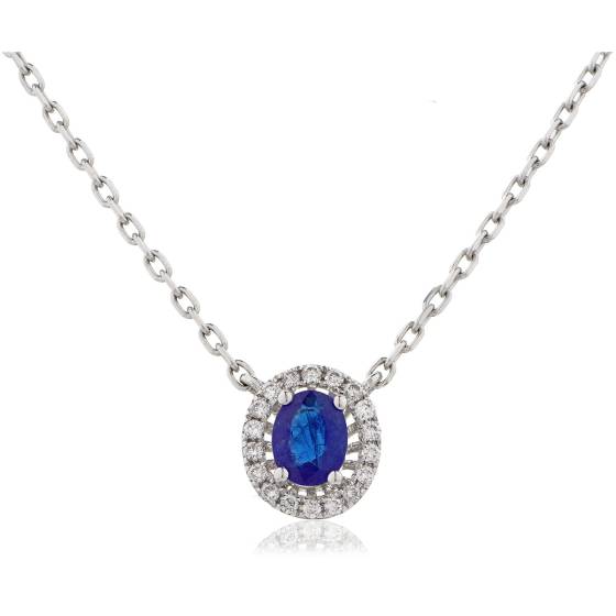 HPOGBS245 Blue Sapphire Single Halo Pendant Necklace