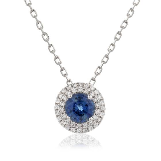 HPRGBS247 Round cut Blue Sapphire Double Halo Pendant Necklace