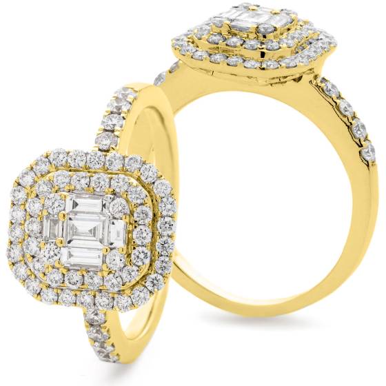 HRBCL926 Round & Baguette cut Double Halo Cluster Diamond Ring