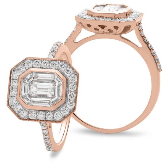 HRECL920 Octa Shaped Emerald cut Diamond Halo Cluster Ring