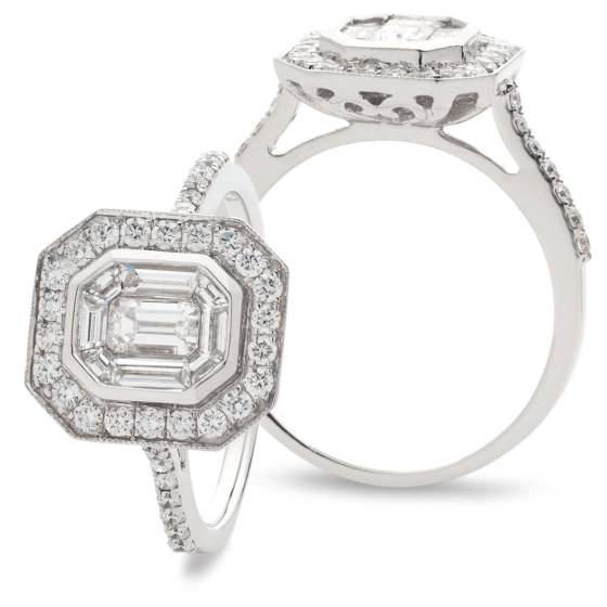 HRECL920 Octa Shaped Emerald cut Diamond Halo Cluster Ring