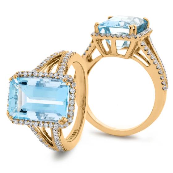 HREGAQ1119 Emerald Shape Aquamarine & Diamond Halo Ring