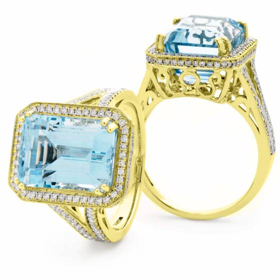 HREGAQ1120 Designer Shank Aquamarine & Diamond Halo Ring