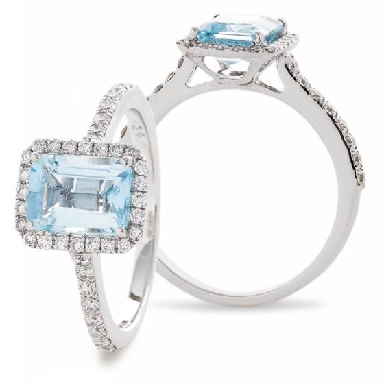 HREGAQ1125 Emerald Shape Aquamarine & Diamond Shoulder Halo Ring