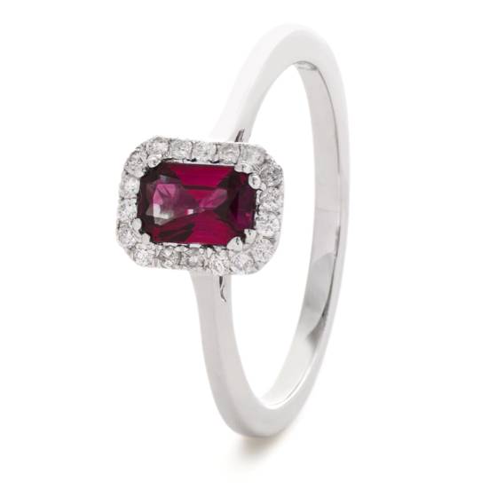 HREGRY1059 Emerald Shaped Ruby Halo Gemstone Ring