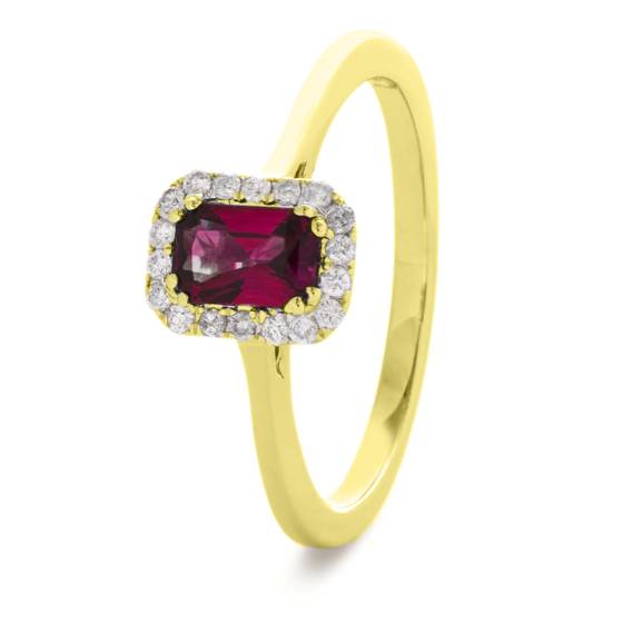 HREGRY1059 Emerald Shaped Ruby Halo Gemstone Ring