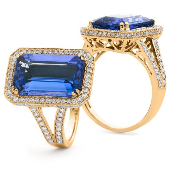 HREGTZ1114 Elongated Tanzanite & Diamond Design Halo Ring