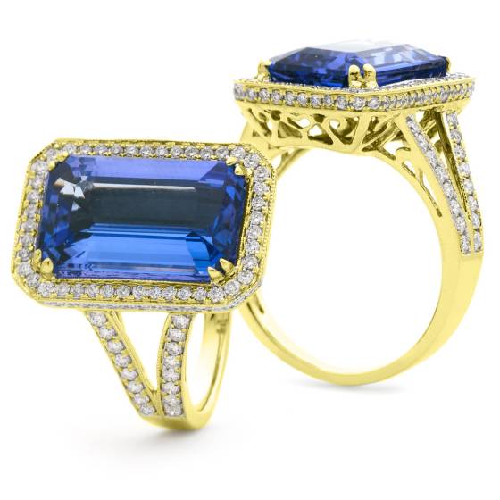 HREGTZ1114 Elongated Tanzanite & Diamond Design Halo Ring