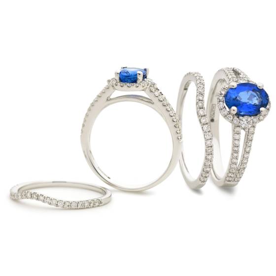 HROGBS1040 Blue Sapphire & Diamond Split Shank Halo Ring