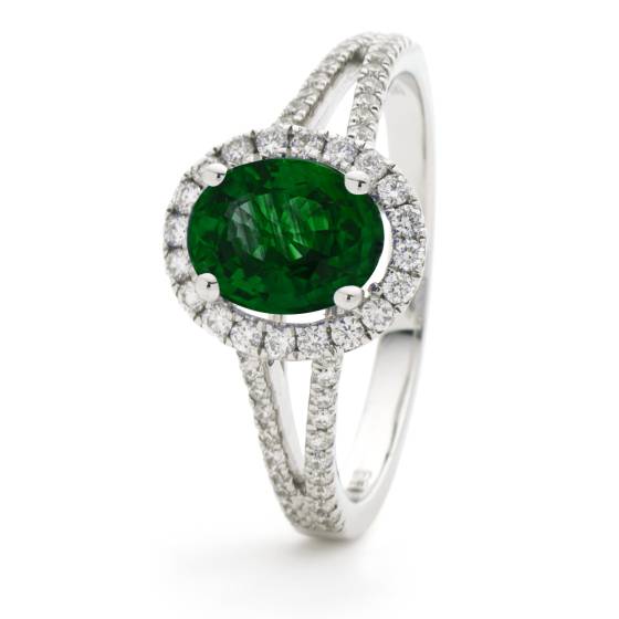 HROGRY1039 Split Shank Emerald & Diamond Halo Ring