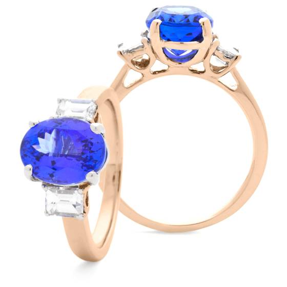 HROGTZ1090 Tanzanite & Emerald cut Diamond Three Stone Ring