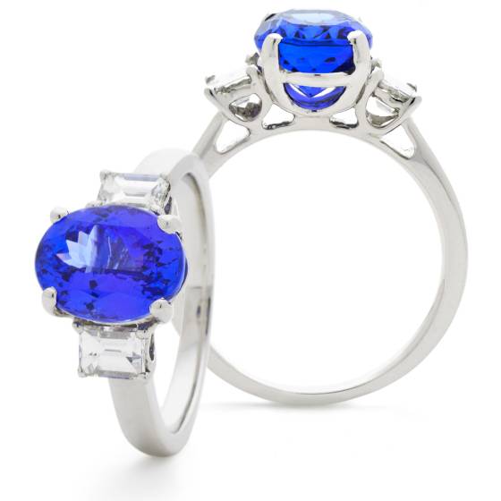 HROGTZ1090 Tanzanite & Emerald cut Diamond Three Stone Ring