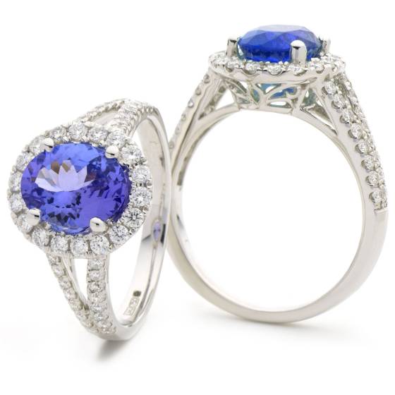 HROGTZ1100 Designer Split Shank Tanzanite & Diamond Halo Ring