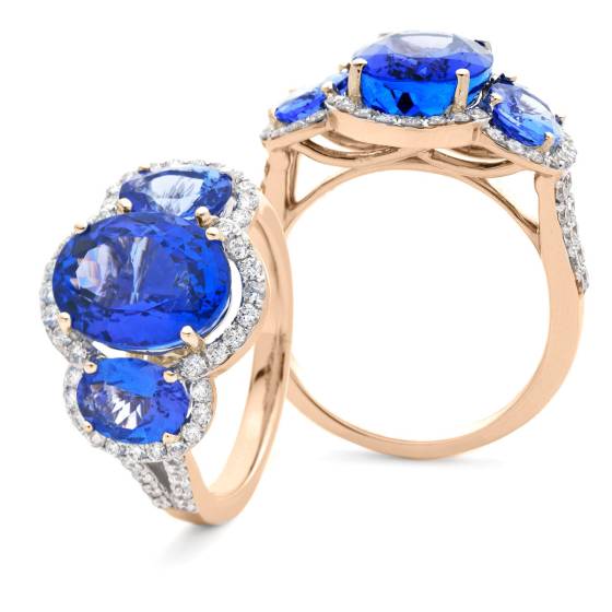 HROGTZ1116 Three Stone Split Shank Tanzanite & Diamond Halo Ring