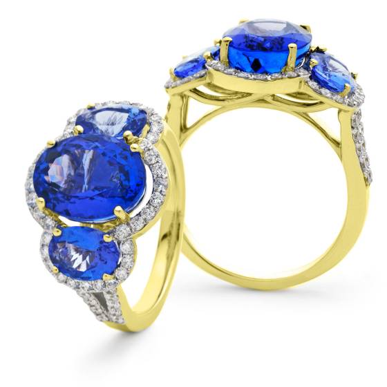 HROGTZ1116 Three Stone Split Shank Tanzanite & Diamond Halo Ring