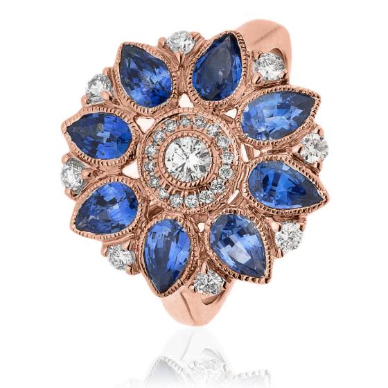 HRPEGBS1081 Designer Floral Blue Sapphire & Diamond Cluster Ring