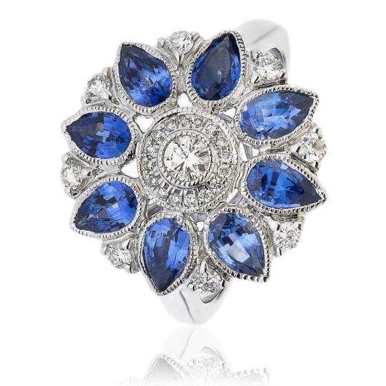 HRPEGBS1081 Designer Floral Blue Sapphire & Diamond Cluster Ring