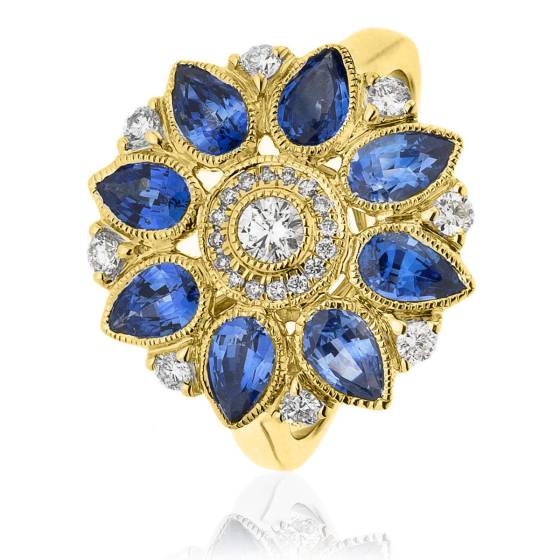 HRPEGBS1081 Designer Floral Blue Sapphire & Diamond Cluster Ring