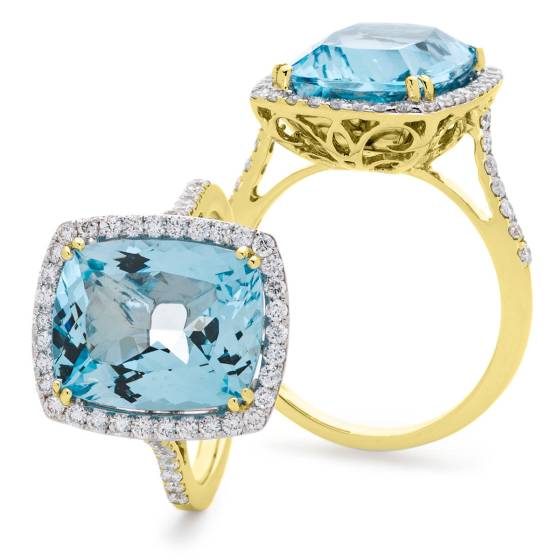 HRPGAQ1124 Thin Band Aquamarine & Diamond Single Halo Ring