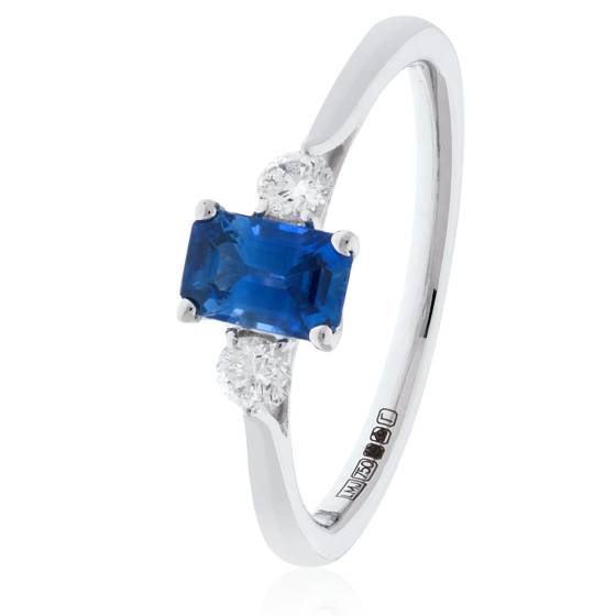 Emerald Cut Blue Sapphire and Diamond Three Stone Ring