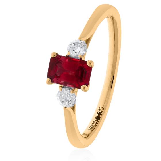 Emerald Cut Ruby and Diamond Three Stone Ring