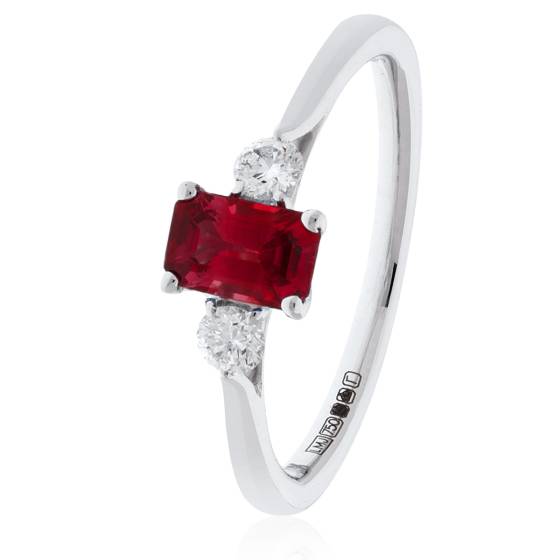 Emerald Cut Ruby and Diamond Three Stone Ring