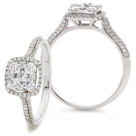 HRRCL908 Cushion shaped Halo Round cut Cluster Diamond Ring