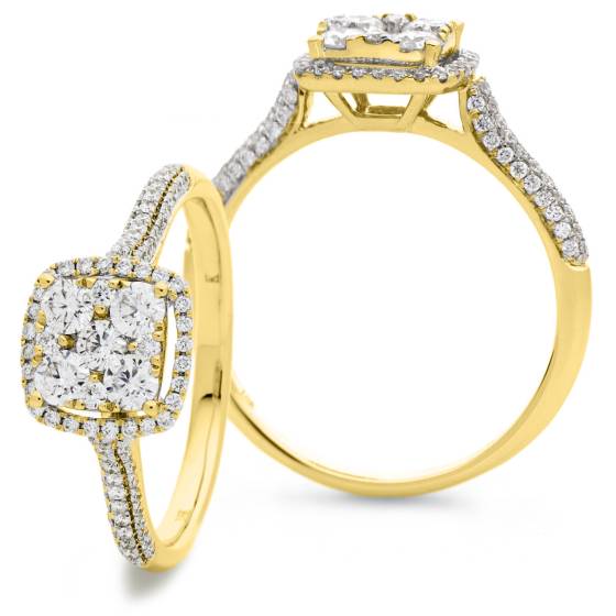 HRRCL908 Cushion shaped Halo Round cut Cluster Diamond Ring