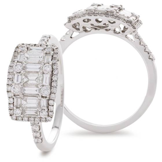 HRRCL929 Round & Baguette 3 Stone Effect Halo Cluster Diamond Ring