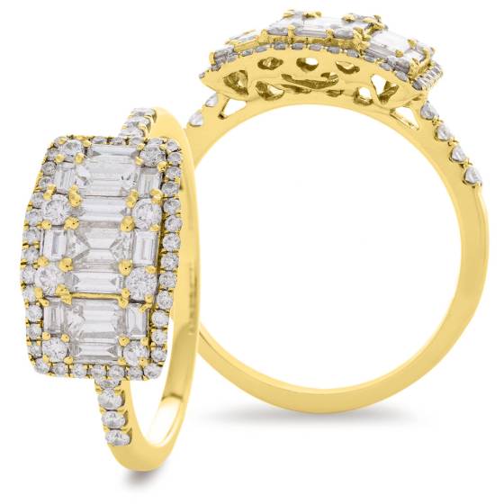HRRCL929 Round & Baguette 3 Stone Effect Halo Cluster Diamond Ring