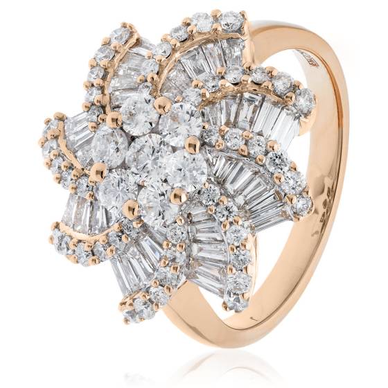 HRRCL933 Round & Baguette Spiral Cluster Diamond Ring