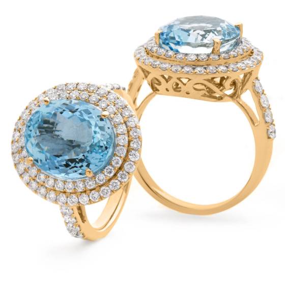 Oval Shape Aquamarine and Diamond Double Halo Ring