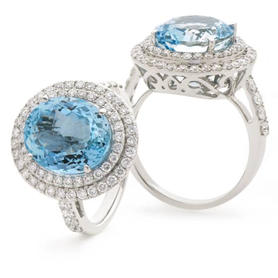 Oval Shape Aquamarine and Diamond Double Halo Ring