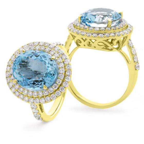 Oval Shape Aquamarine and Diamond Double Halo Ring