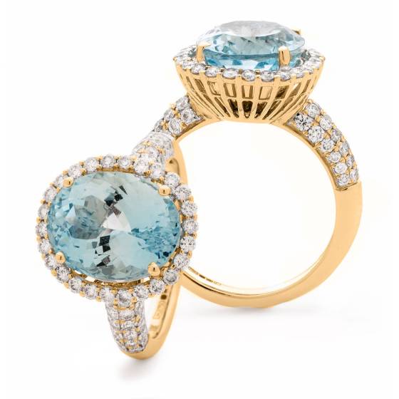 Pave Design Aquamarine and Oval Diamond Single Halo Ring