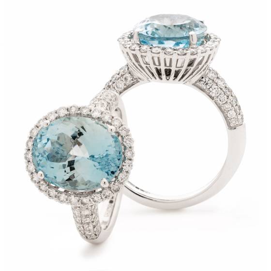 Pave Design Aquamarine and Oval Diamond Single Halo Ring