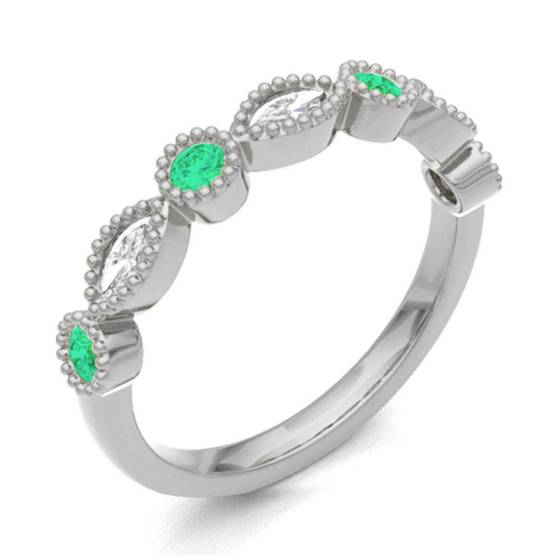 Emerald & Diamond Rubover with Grain Set Half Eternity Ring