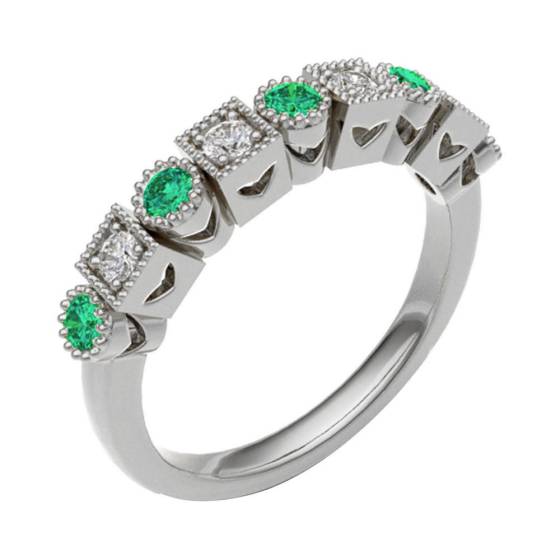 Emerald & Diamond Rubover with Grain Set Half Eternity Ring