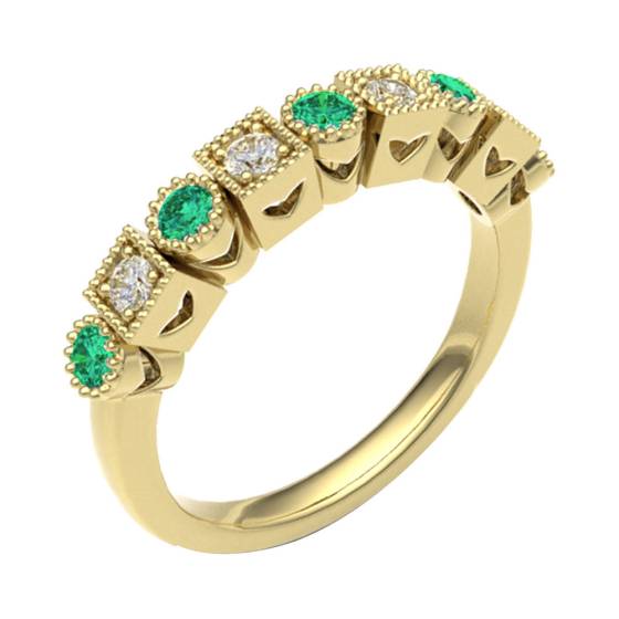 Emerald & Diamond Rubover with Grain Set Half Eternity Ring