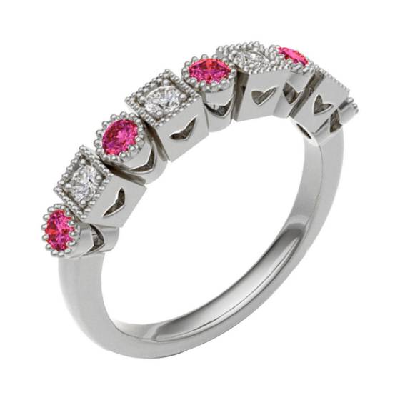 Ruby & Diamond Rubover with Grain Set Half Eternity Ring