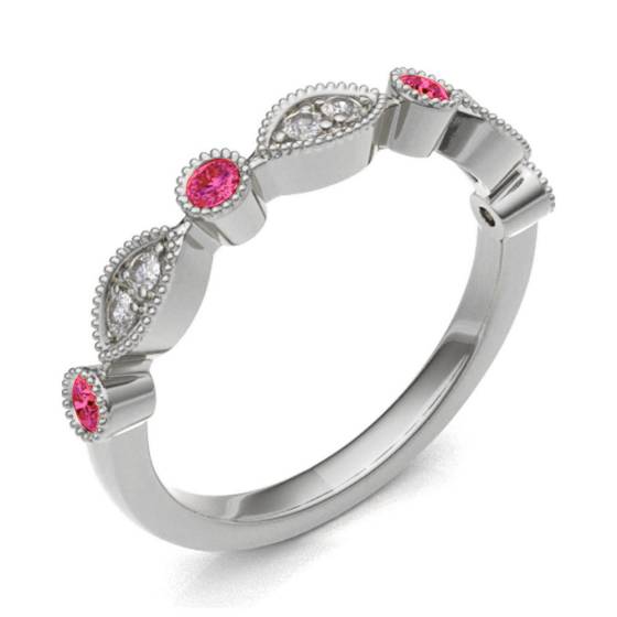 Ruby & Diamond Rubover with Grain Set Half Eternity Ring