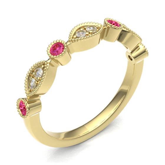 Ruby & Diamond Rubover with Grain Set Half Eternity Ring