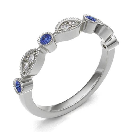 Blue Sapphire & Diamond Rubover with Grain Set Half Eternity Ring