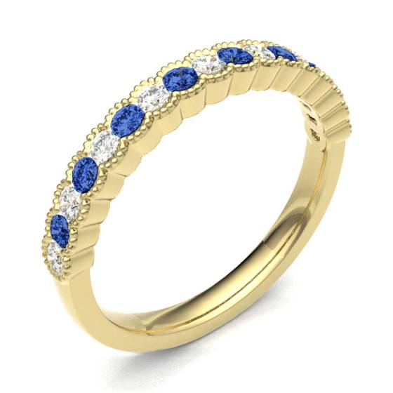 Blue Sapphire & Diamond Rubover with Grain Set Half Eternity Ring