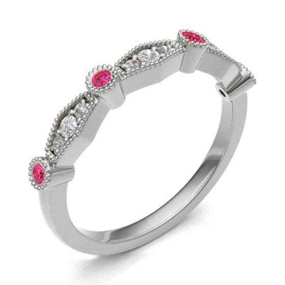 Ruby & Diamond Rubover with Grain Set Half Eternity Ring