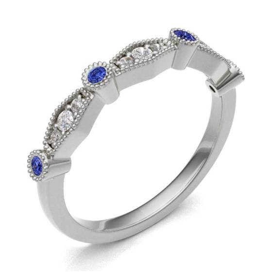 Blue Sapphire & Diamond Rubover with Grain Set Half Eternity Ring