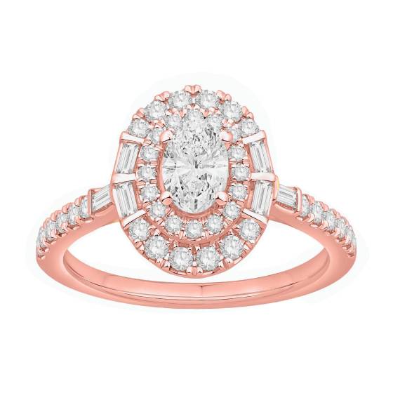 1.00ct Oval Diamond Double Halo Round And Baguette Side And Shoulder Set Ring