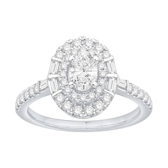 1.00ct Oval Diamond Double Halo Round And Baguette Side And Shoulder Set Ring