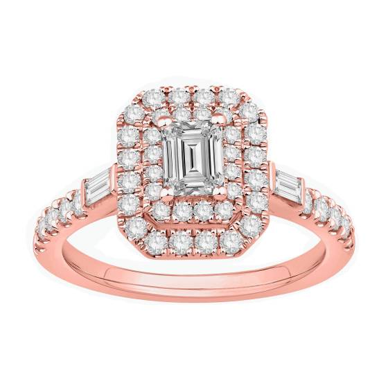 1.00ct Emerald Diamond Double Halo Baguette Side Round Shoulder Set Ring